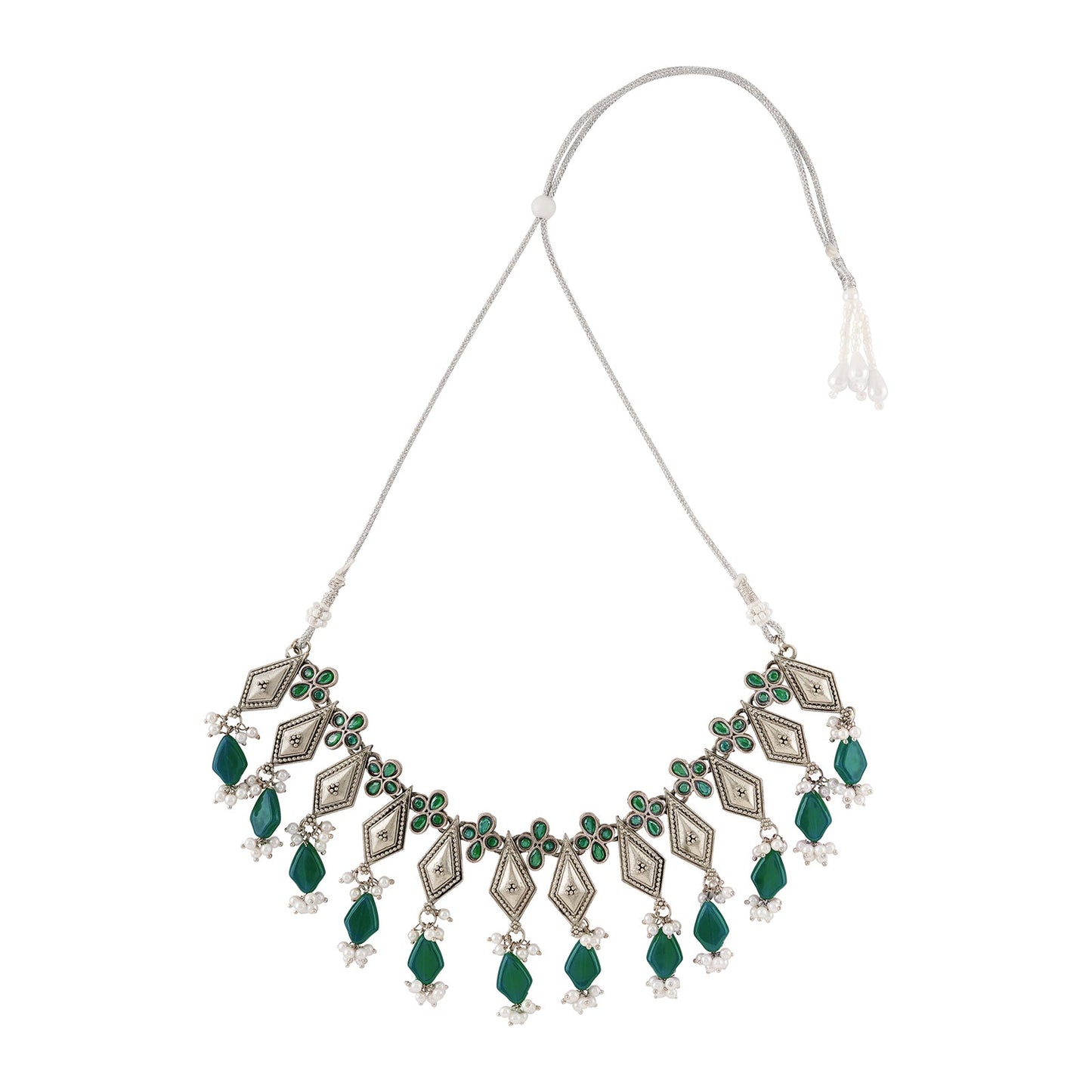 Teejh Sakvarbai Silver Oxidised Green Necklace Set