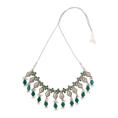 Teejh Sakvarbai Silver Oxidised Green Necklace Set