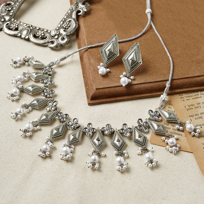 Teejh Sanghamitta Silver Oxidised White Necklace Set