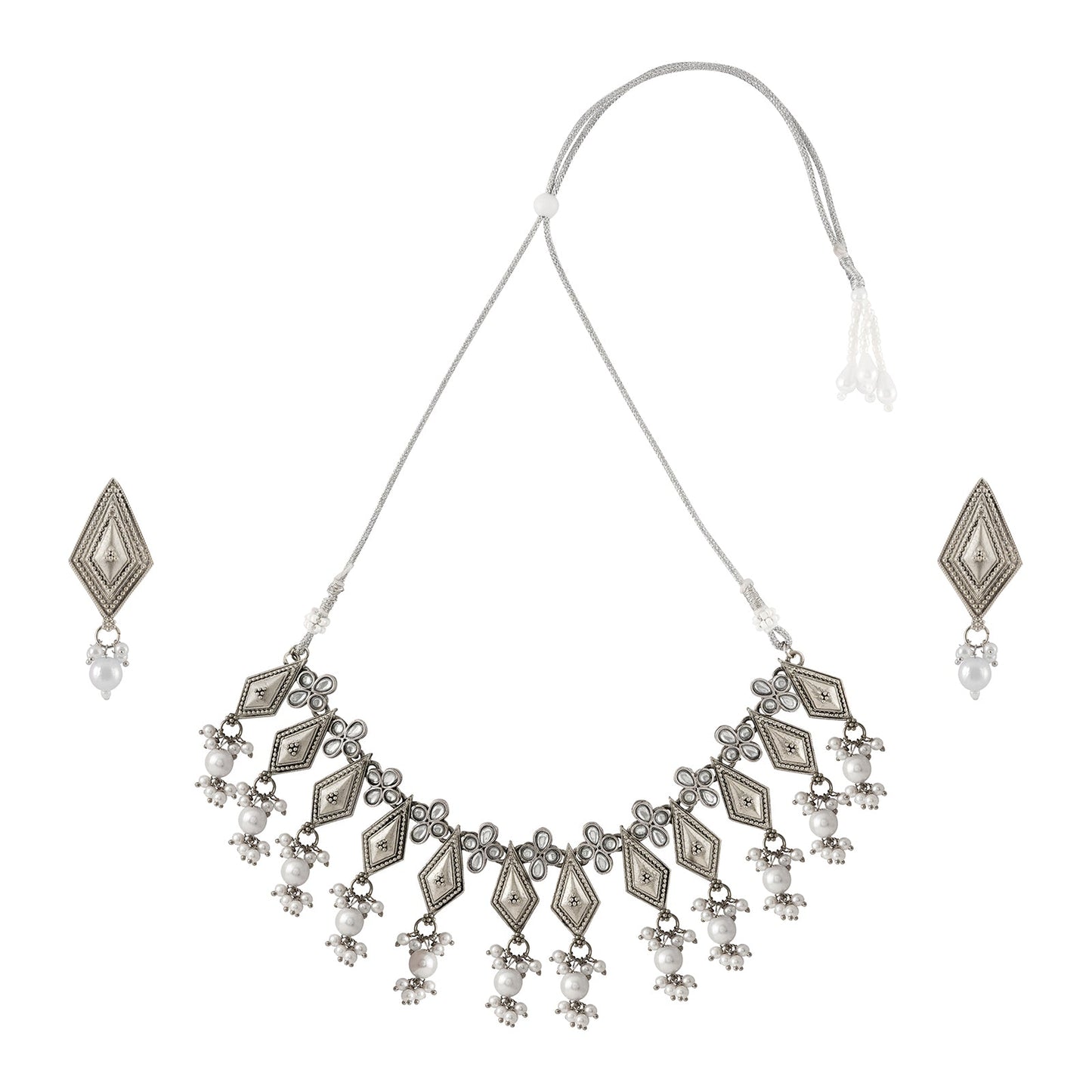 Teejh Sanghamitta Silver Oxidised White Necklace Set