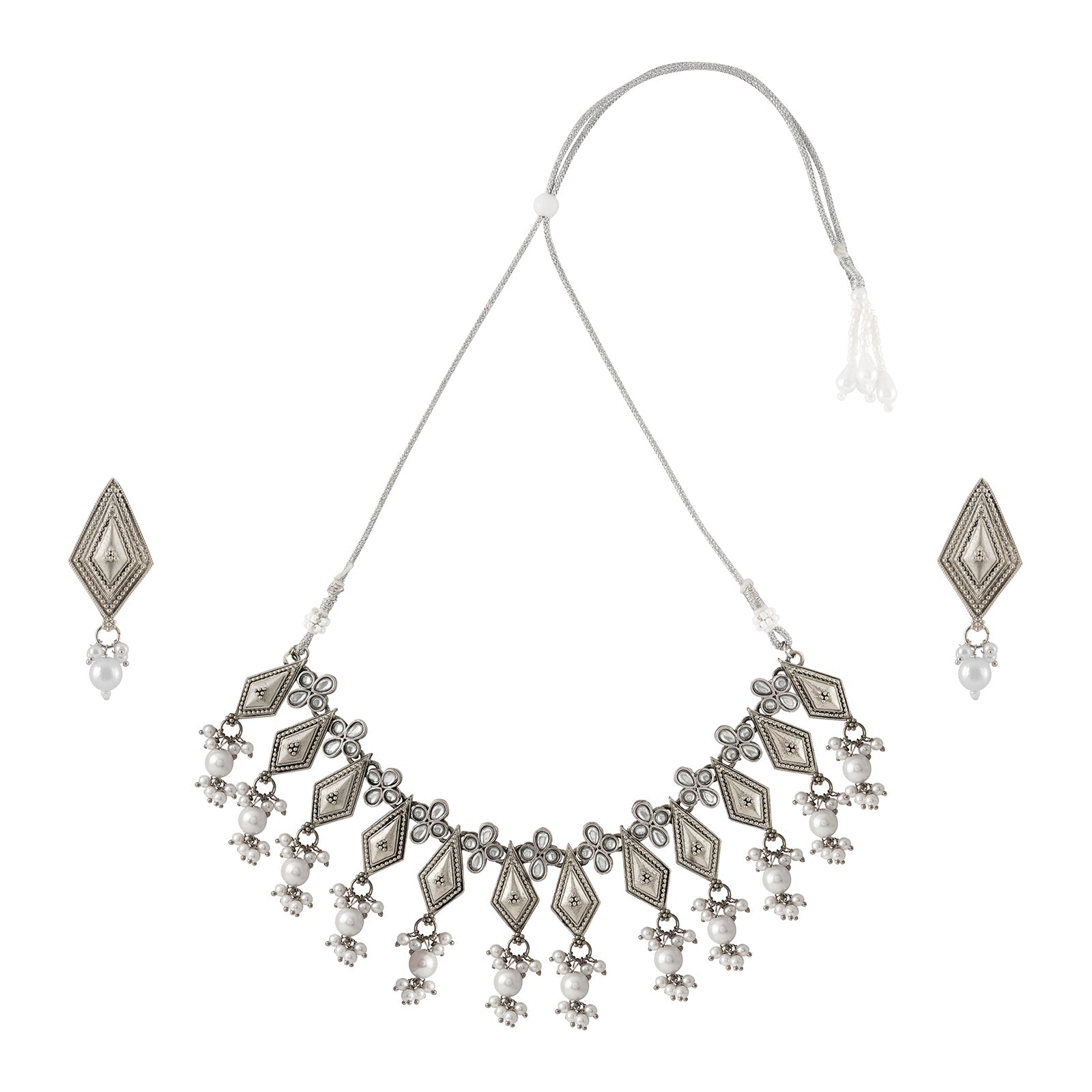 Teejh Sanghamitta Silver Oxidised White Necklace Set