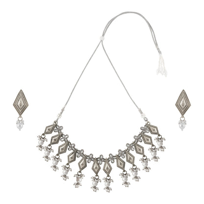 Teejh Sanghamitta Silver Oxidised White Necklace Set