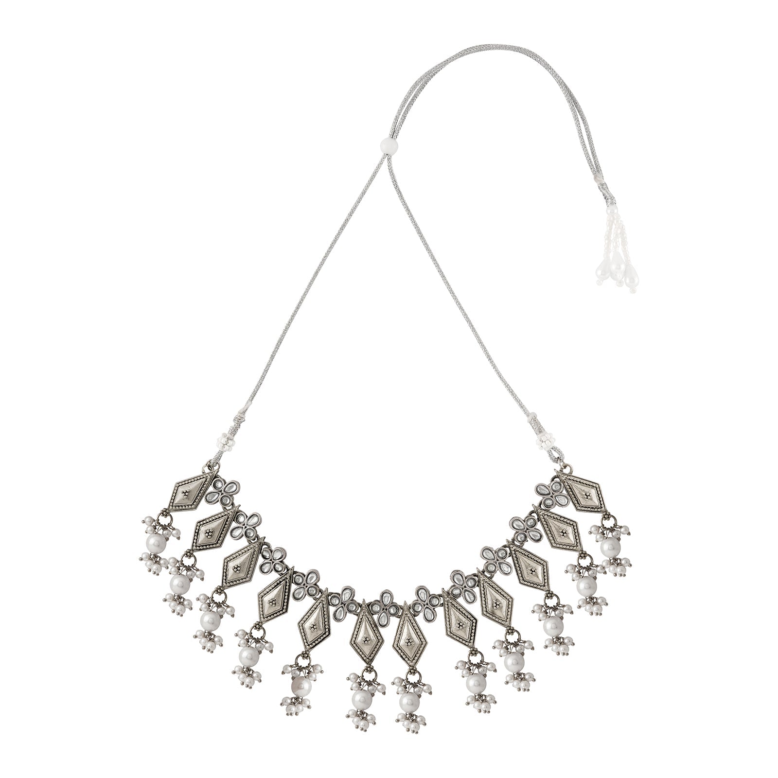 Teejh Sanghamitta Silver Oxidised White Necklace Set