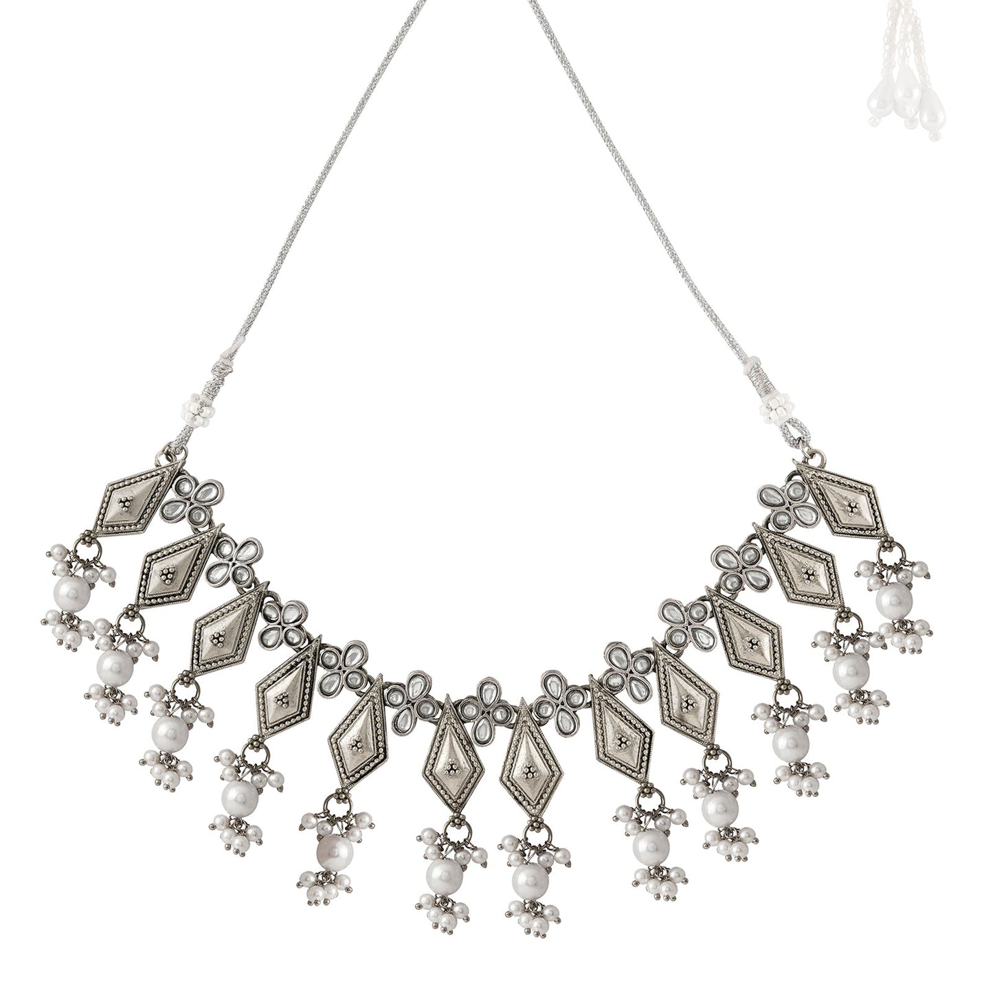 Teejh Sanghamitta Silver Oxidised White Necklace Set