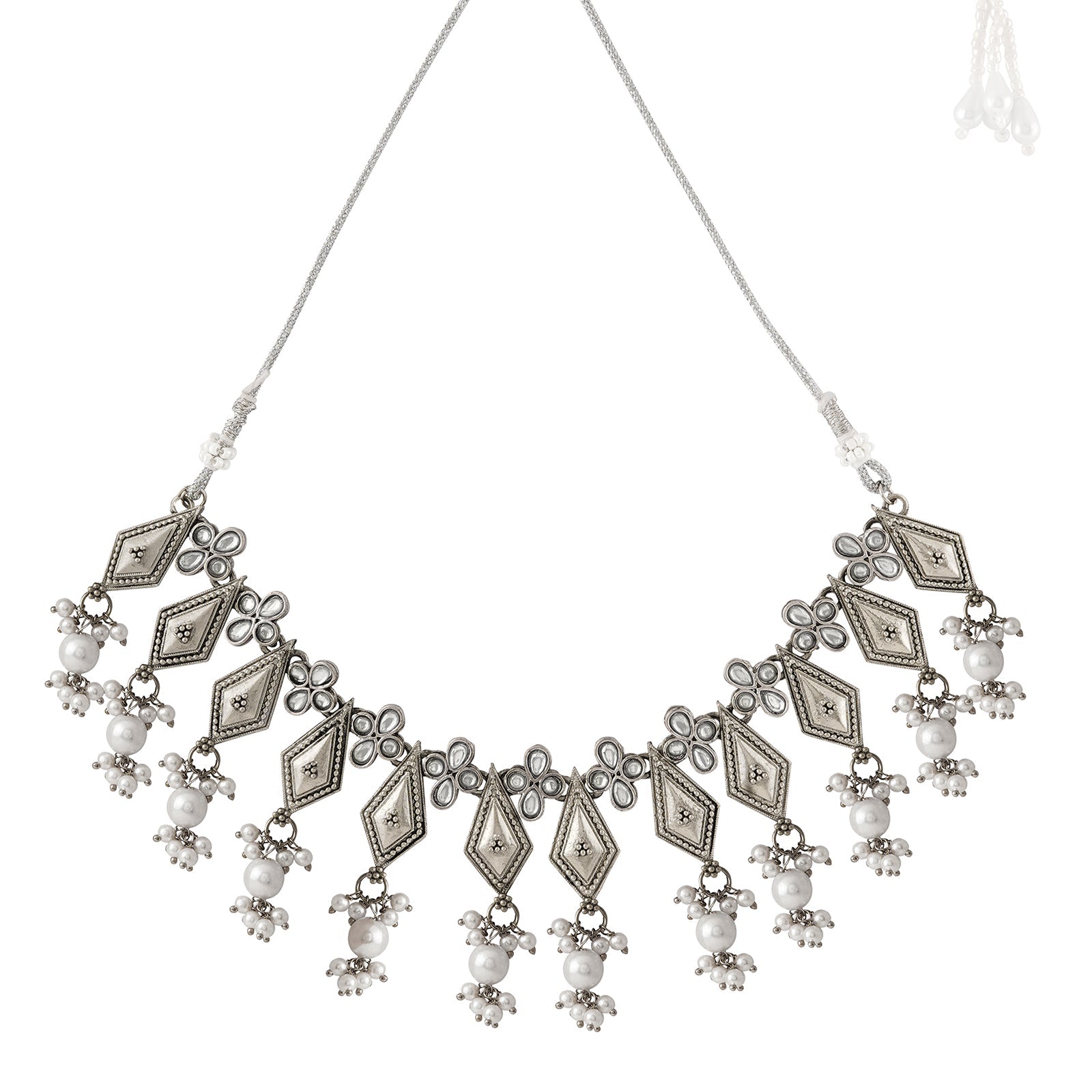Teejh Sanghamitta Silver Oxidised White Necklace Set