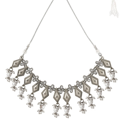 Teejh Sanghamitta Silver Oxidised White Necklace Set