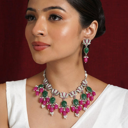 Teejh Sadhani Silver Oxidised Pink And Green Necklace Set