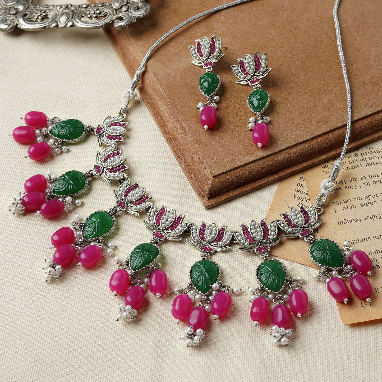 Teejh Sadhani Silver Oxidised Pink And Green Necklace Set