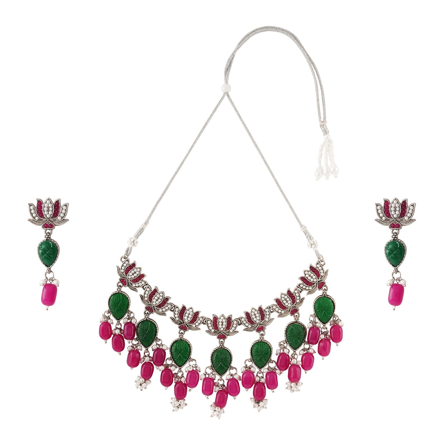 Teejh Sadhani Silver Oxidised Pink And Green Necklace Set