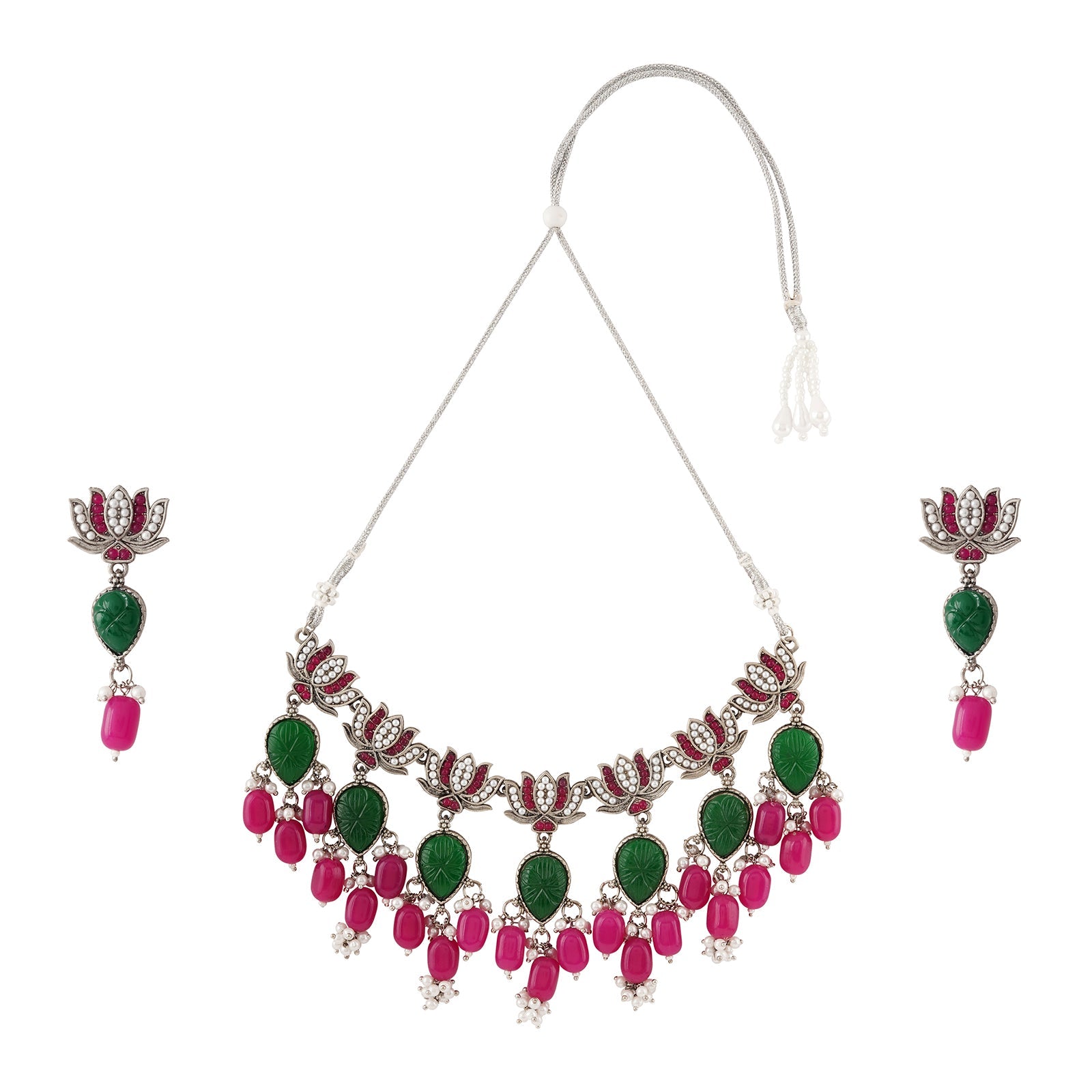 Teejh Sadhani Silver Oxidised Pink And Green Necklace Set