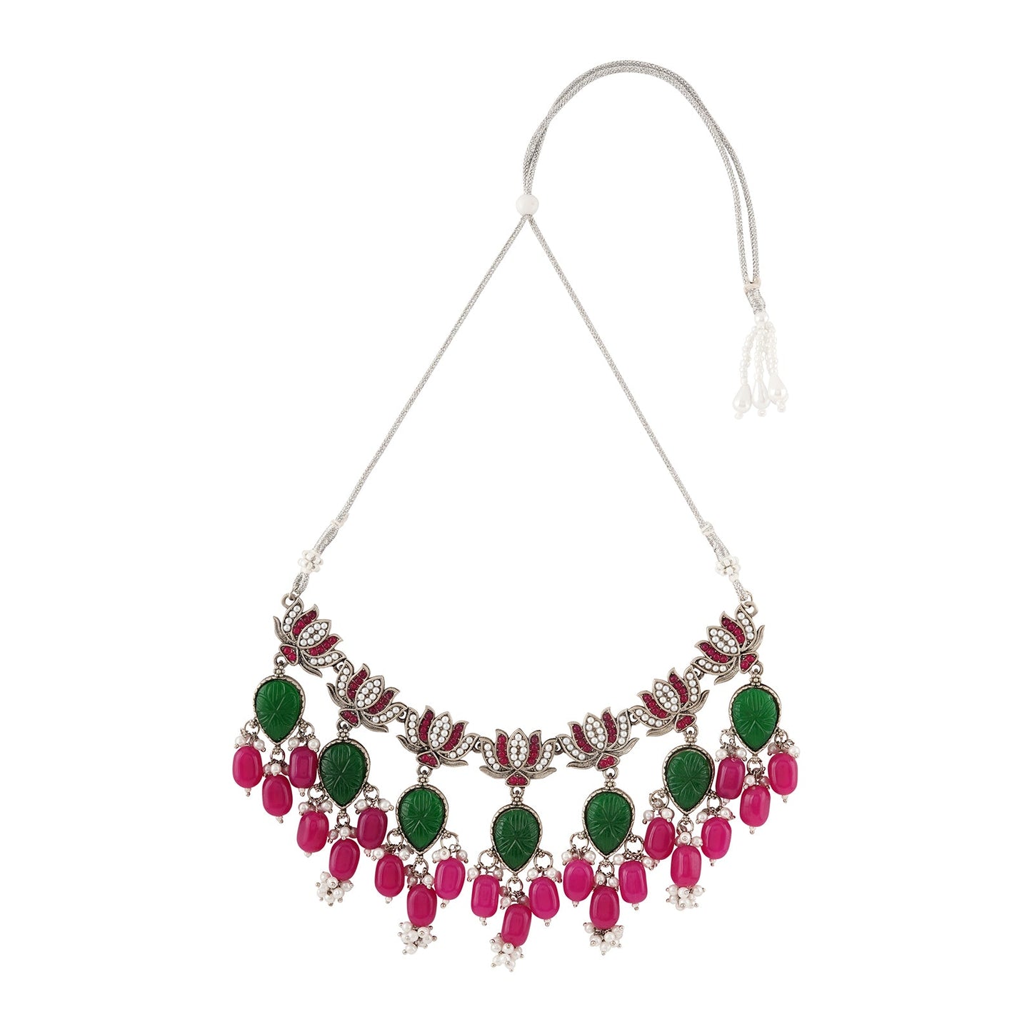 Teejh Sadhani Silver Oxidised Pink And Green Necklace Set