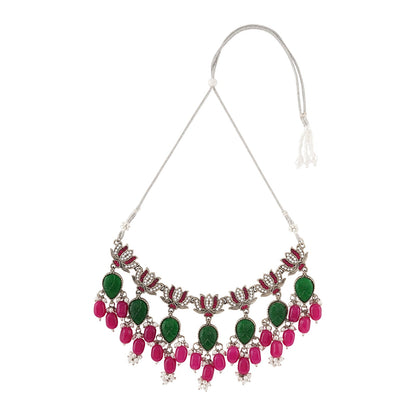 Teejh Sadhani Silver Oxidised Pink And Green Necklace Set