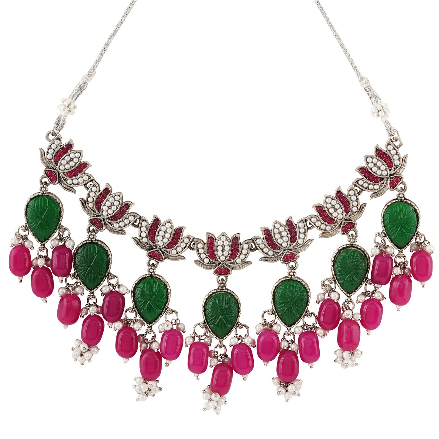 Teejh Sadhani Silver Oxidised Pink And Green Necklace Set