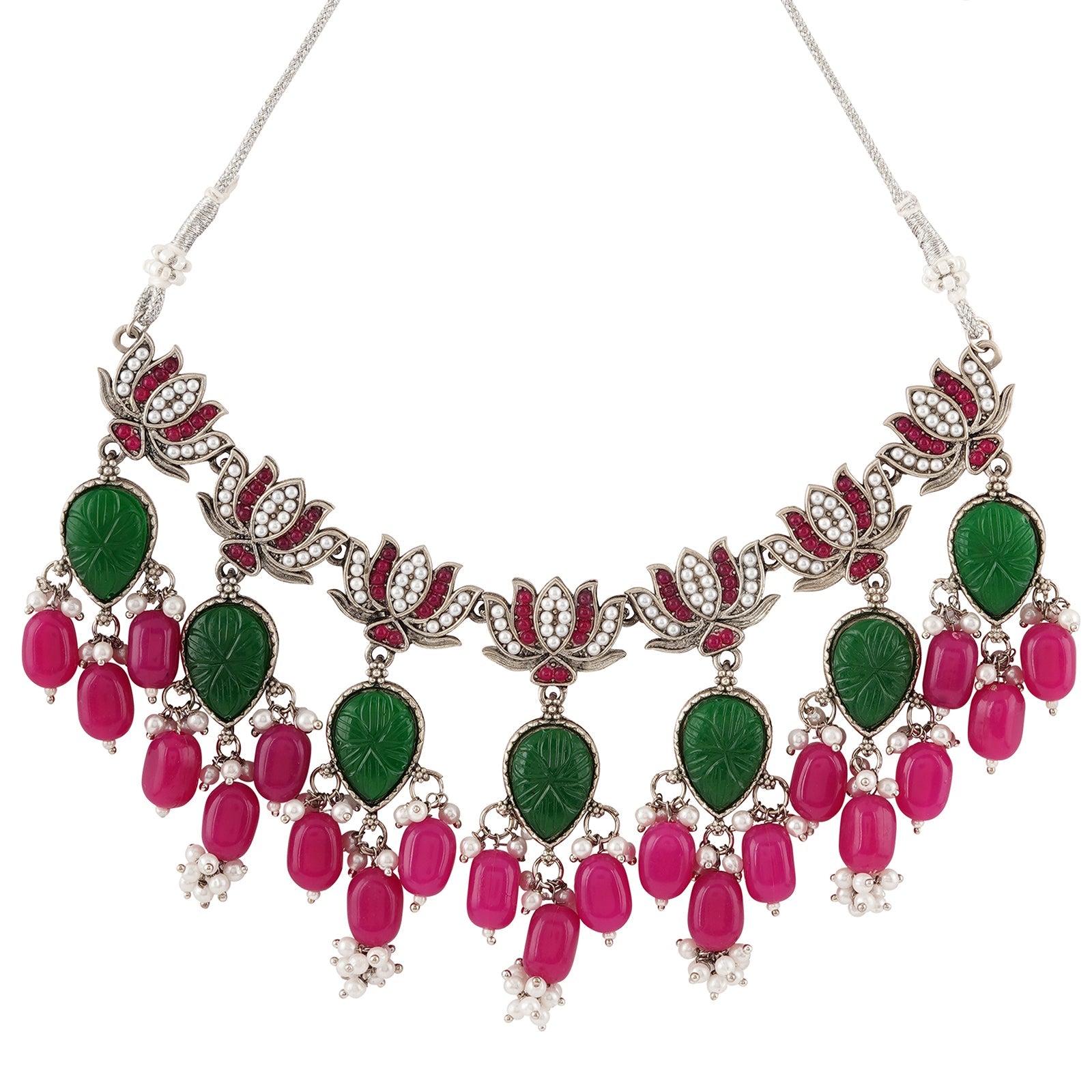Teejh Sadhani Silver Oxidised Pink And Green Necklace Set