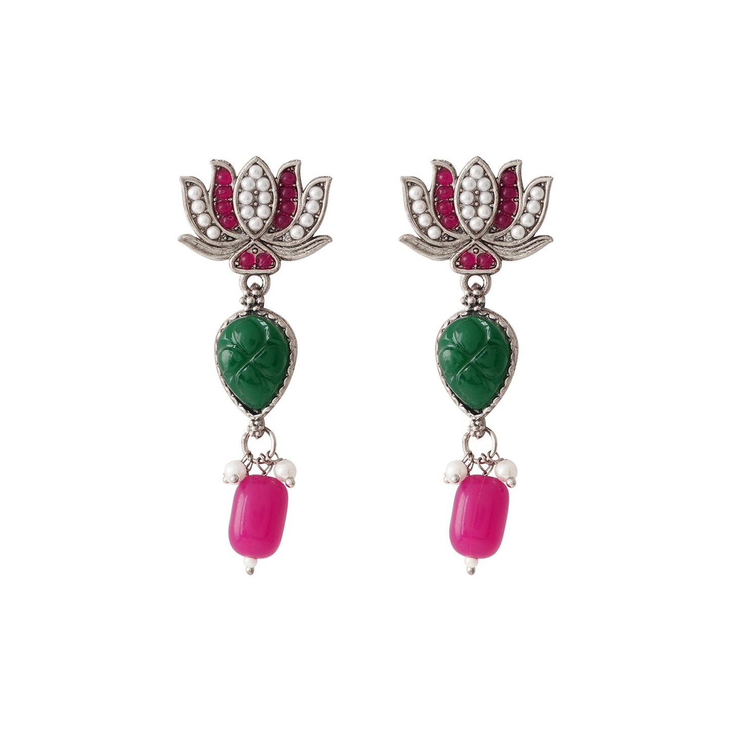 Teejh Sadhani Silver Oxidised Pink And Green Necklace Set
