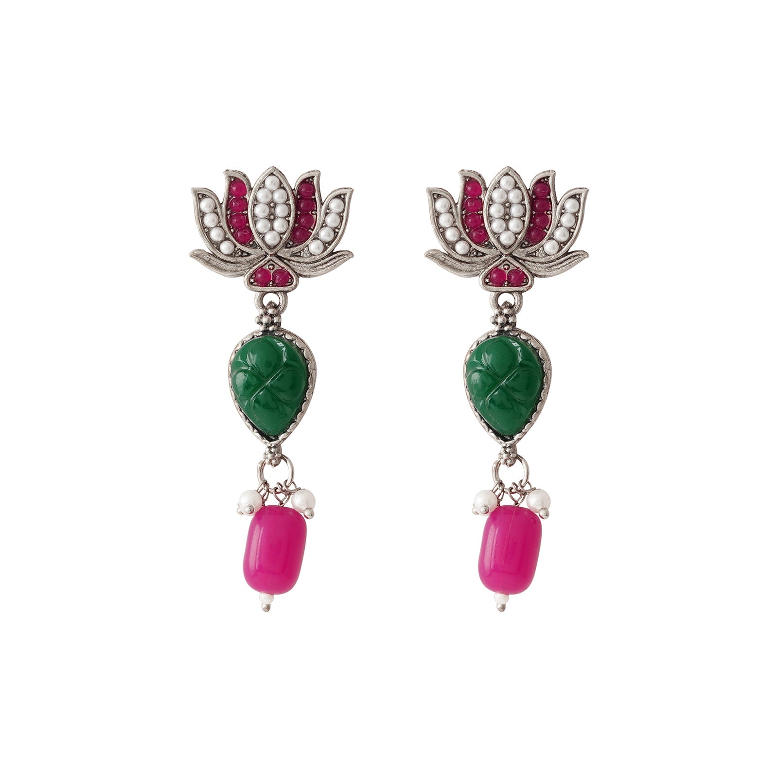 Teejh Sadhani Silver Oxidised Pink And Green Necklace Set