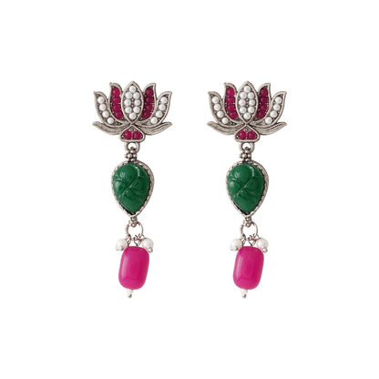 Teejh Sadhani Silver Oxidised Pink And Green Necklace Set