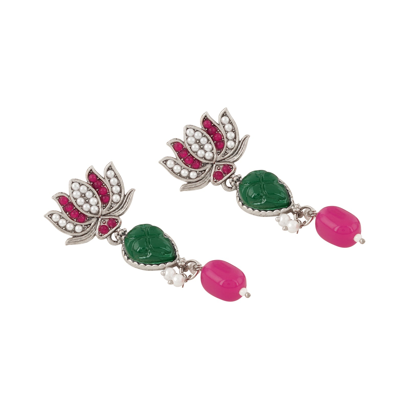 Teejh Sadhani Silver Oxidised Pink And Green Necklace Set
