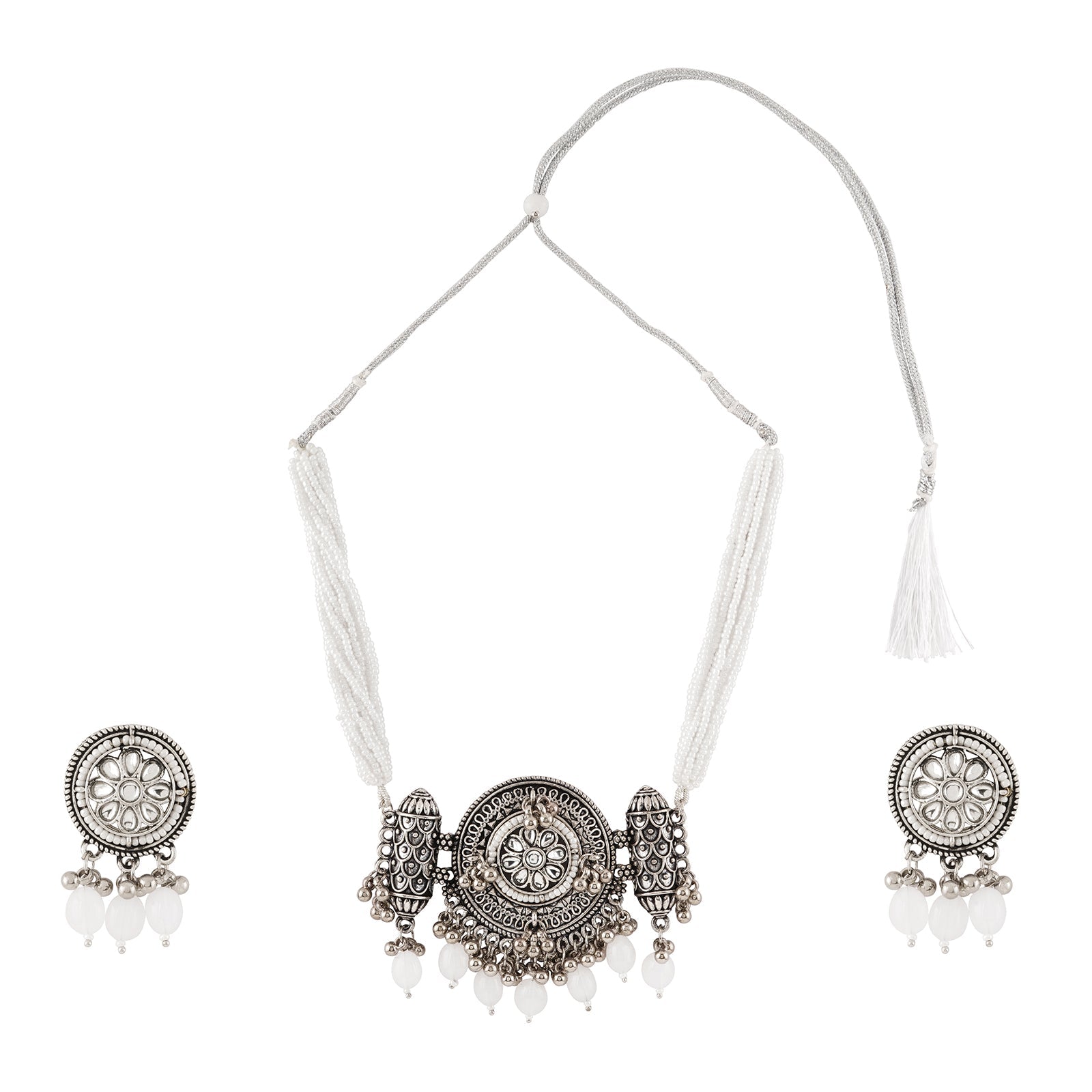 Teejh Soyarabai Silver Oxidised White Necklace Set