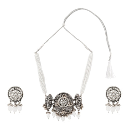 Teejh Soyarabai Silver Oxidised White Necklace Set