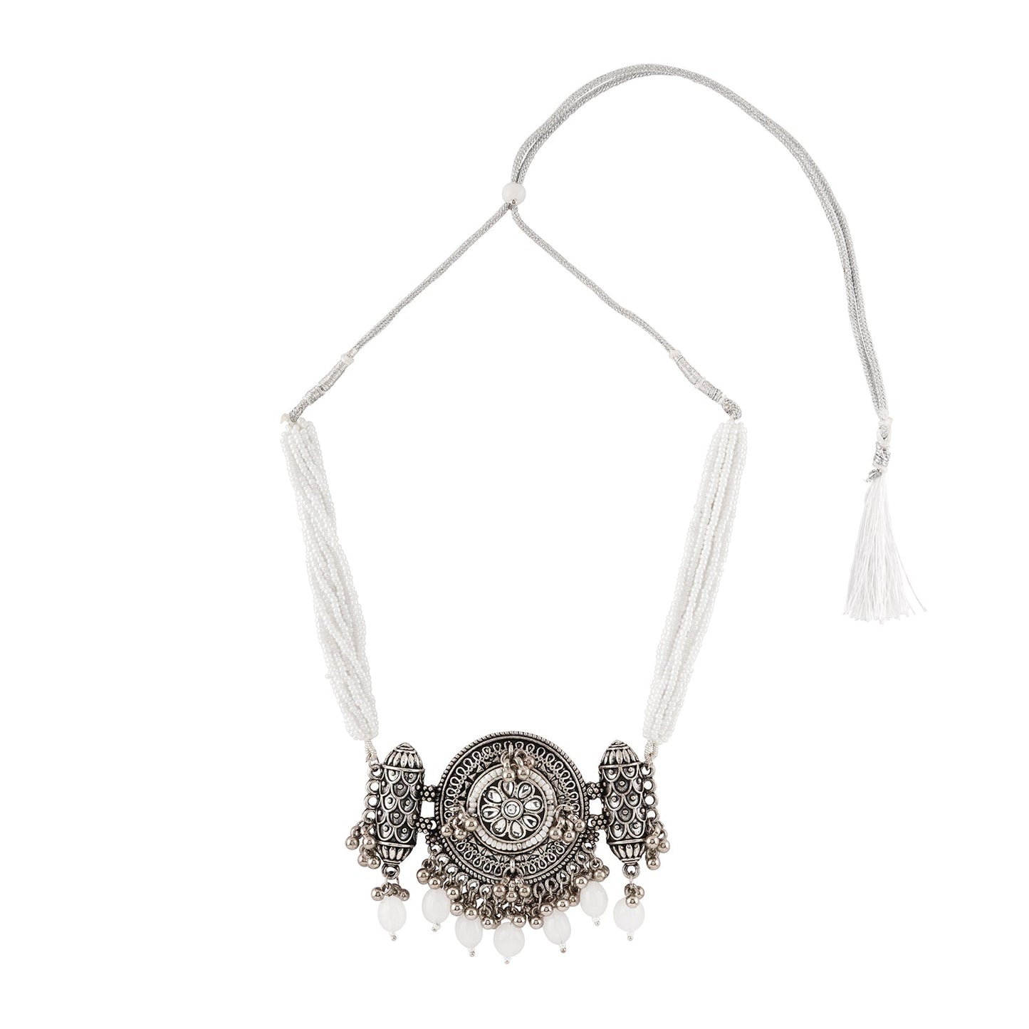 Teejh Soyarabai Silver Oxidised White Necklace Set