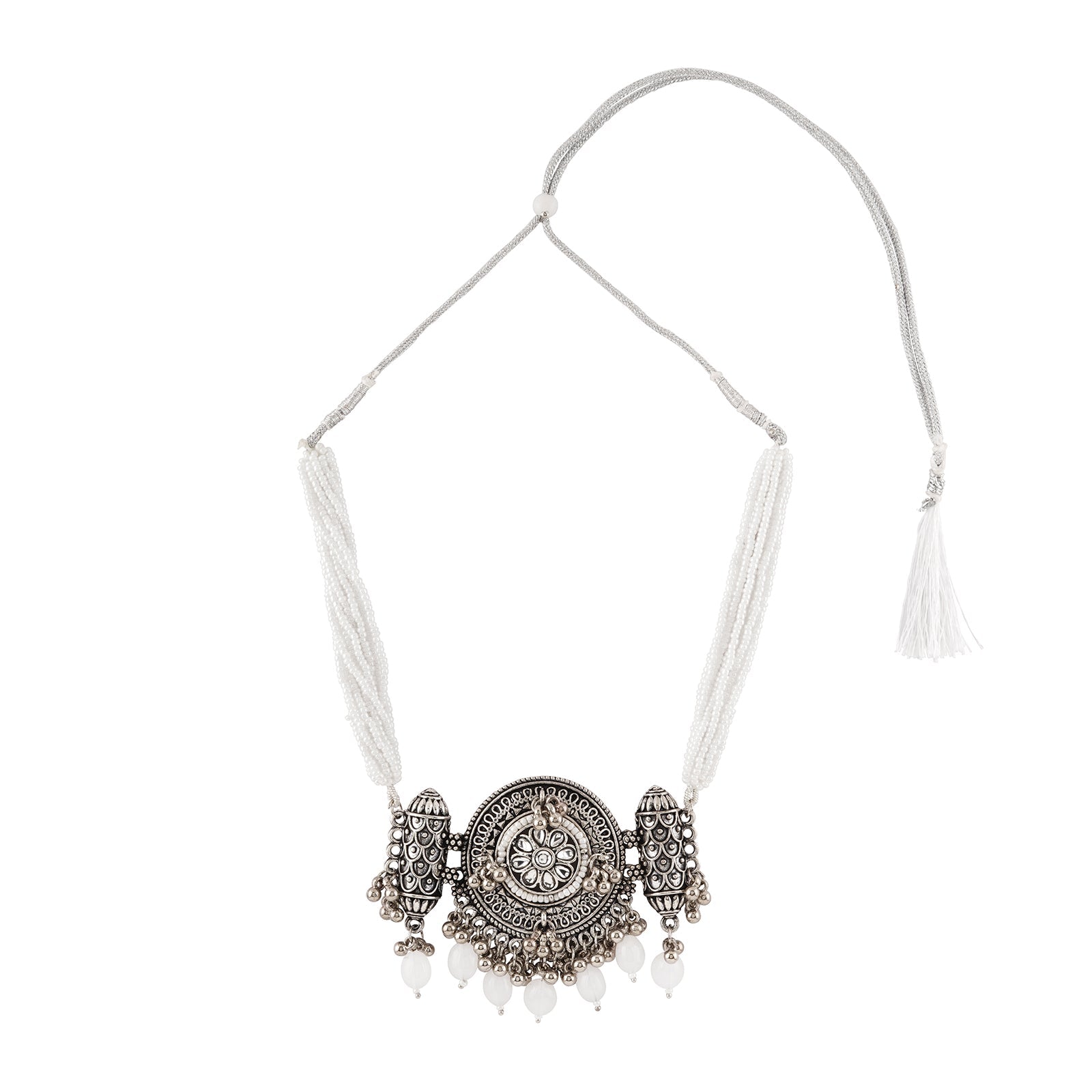 Teejh Soyarabai Silver Oxidised White Necklace Set