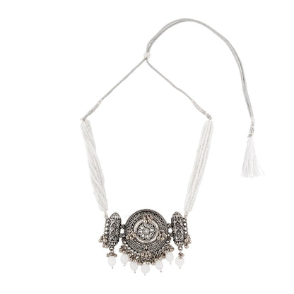 Teejh Soyarabai Silver Oxidised White Necklace Set