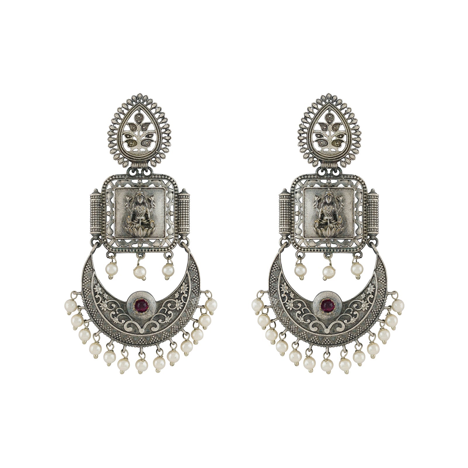 Teejh Evergreen Silver and Pearl Motif Chandbali