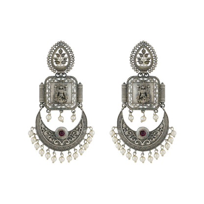 Teejh Evergreen Silver and Pearl Motif Chandbali