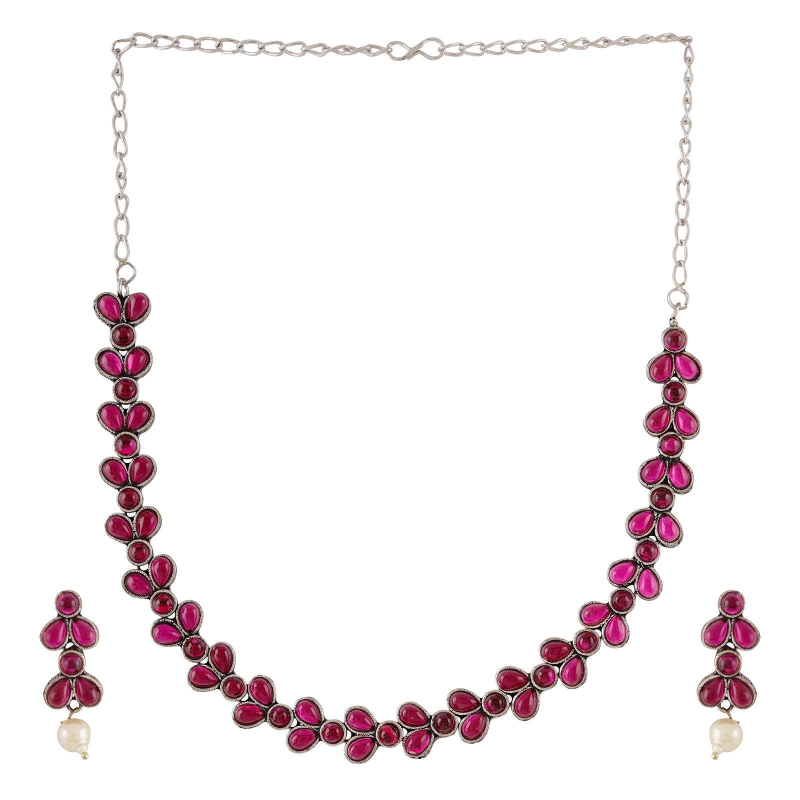 Teejh Silver and  Pink Petal Fusion Necklace set