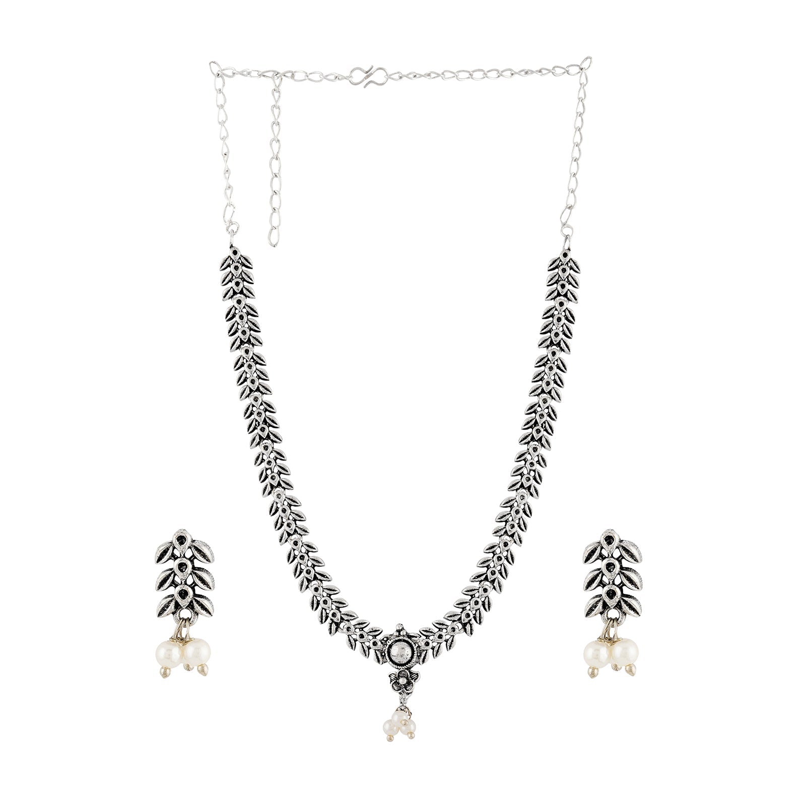 Teejh Silver and White Jade Oxidised Set