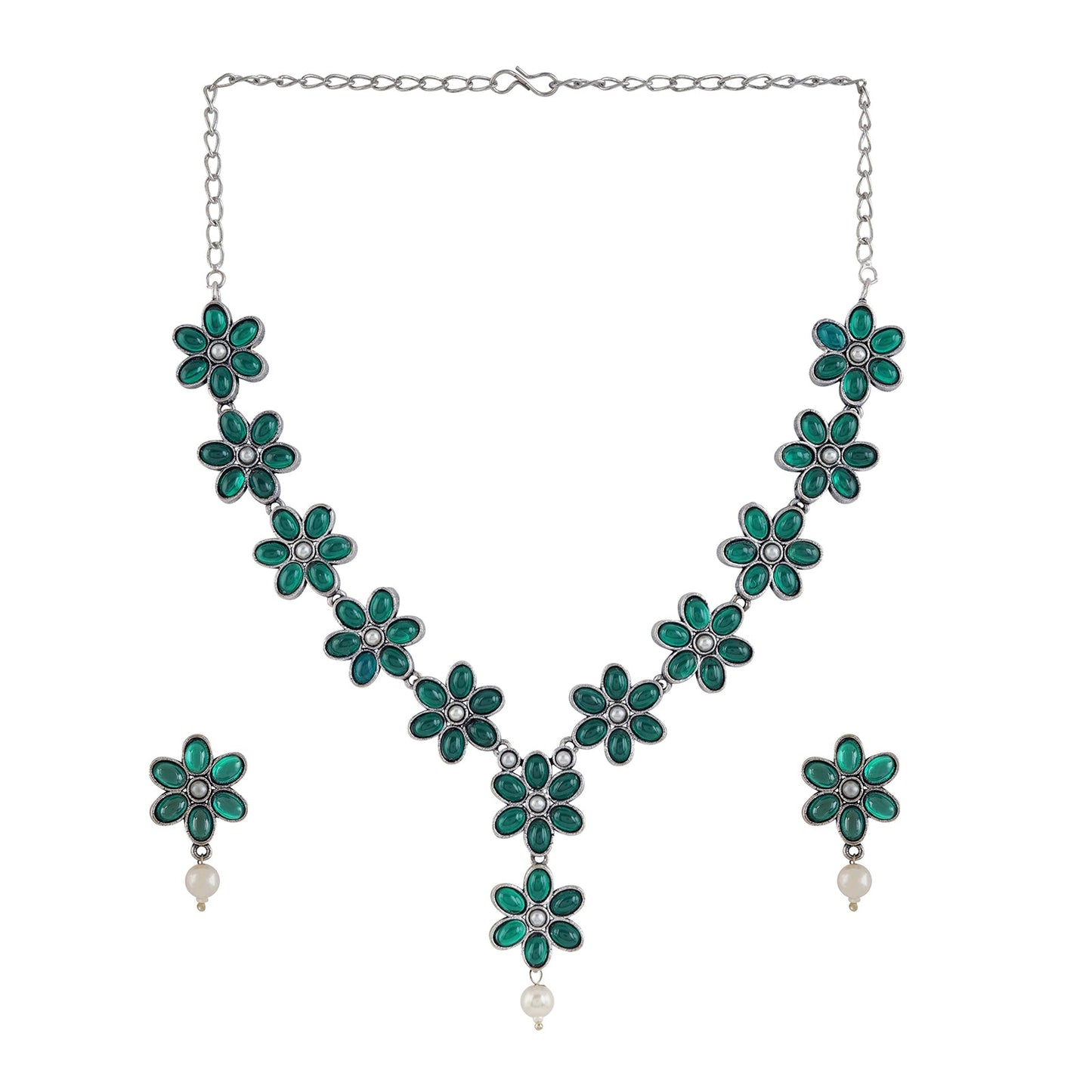 Teejh Silver Emerald and Floral Motif Set