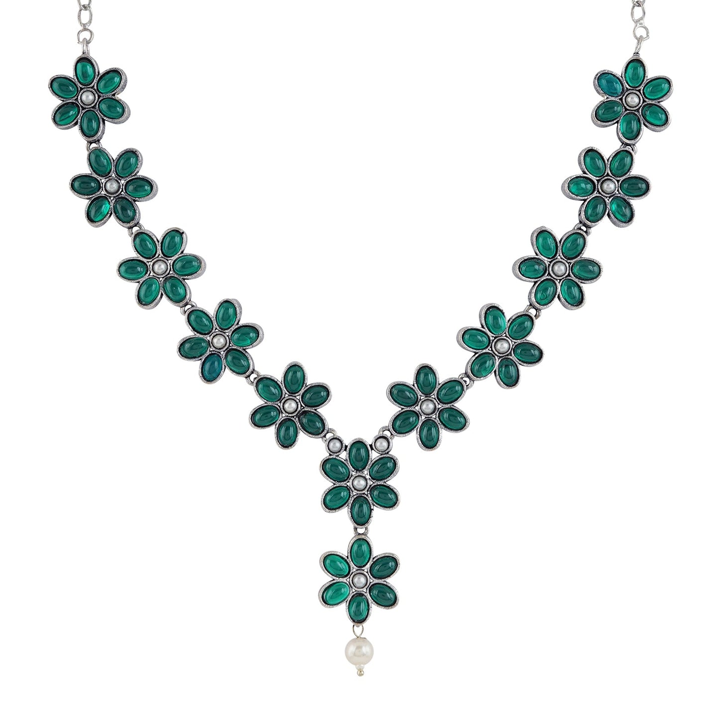 Teejh Silver Emerald and Floral Motif Set