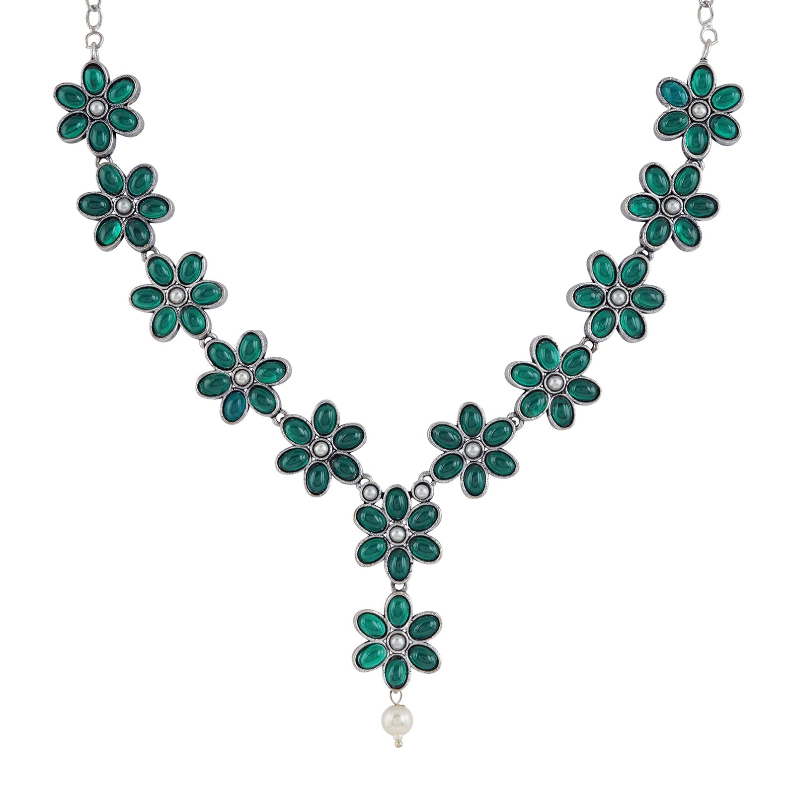 Teejh Silver Emerald and Floral Motif Set