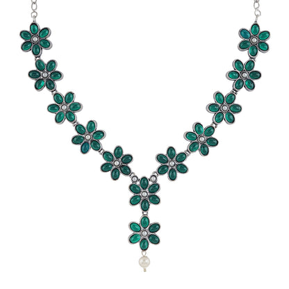 Teejh Silver Emerald and Floral Motif Set