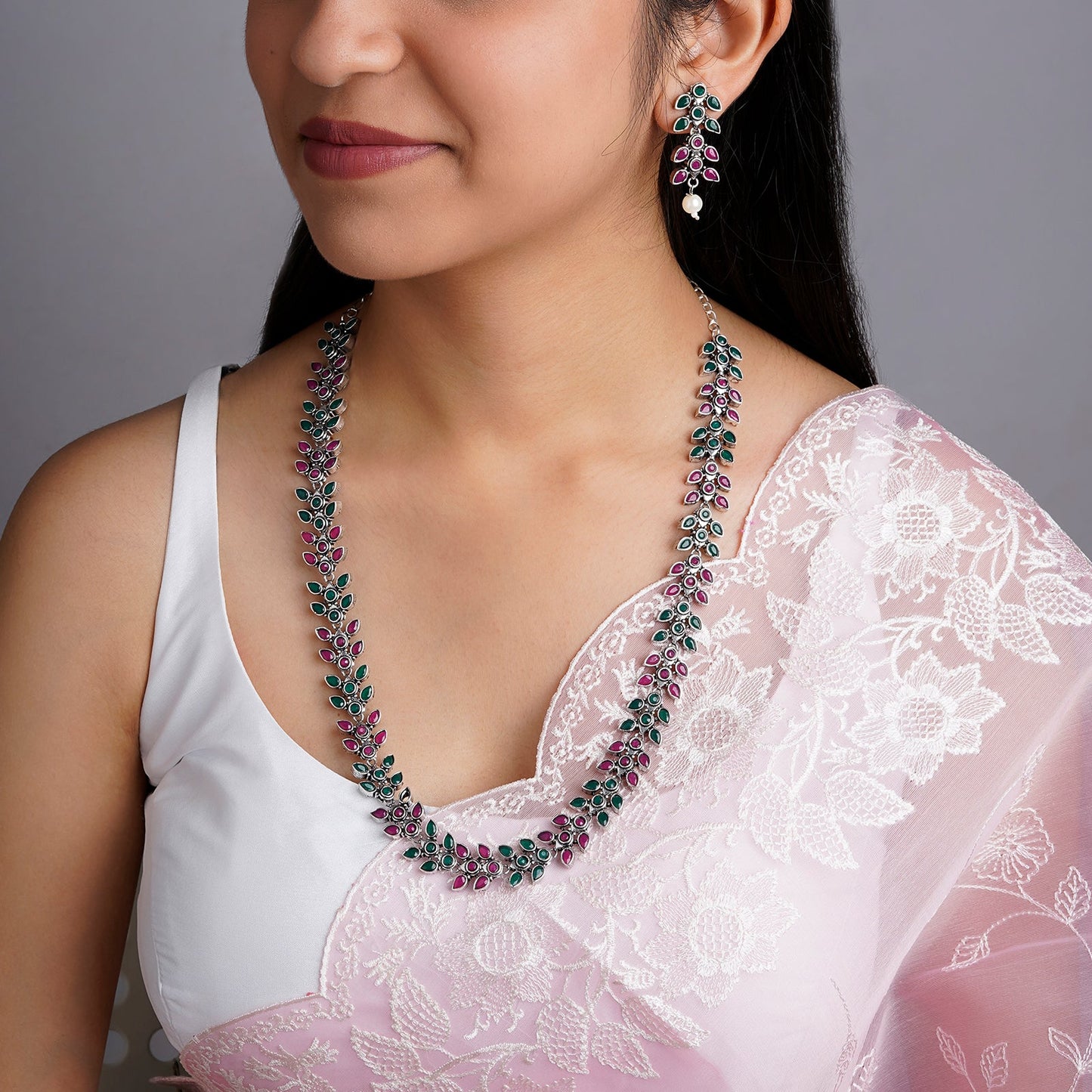 Teejh Silver and Emerald Oxidised Set