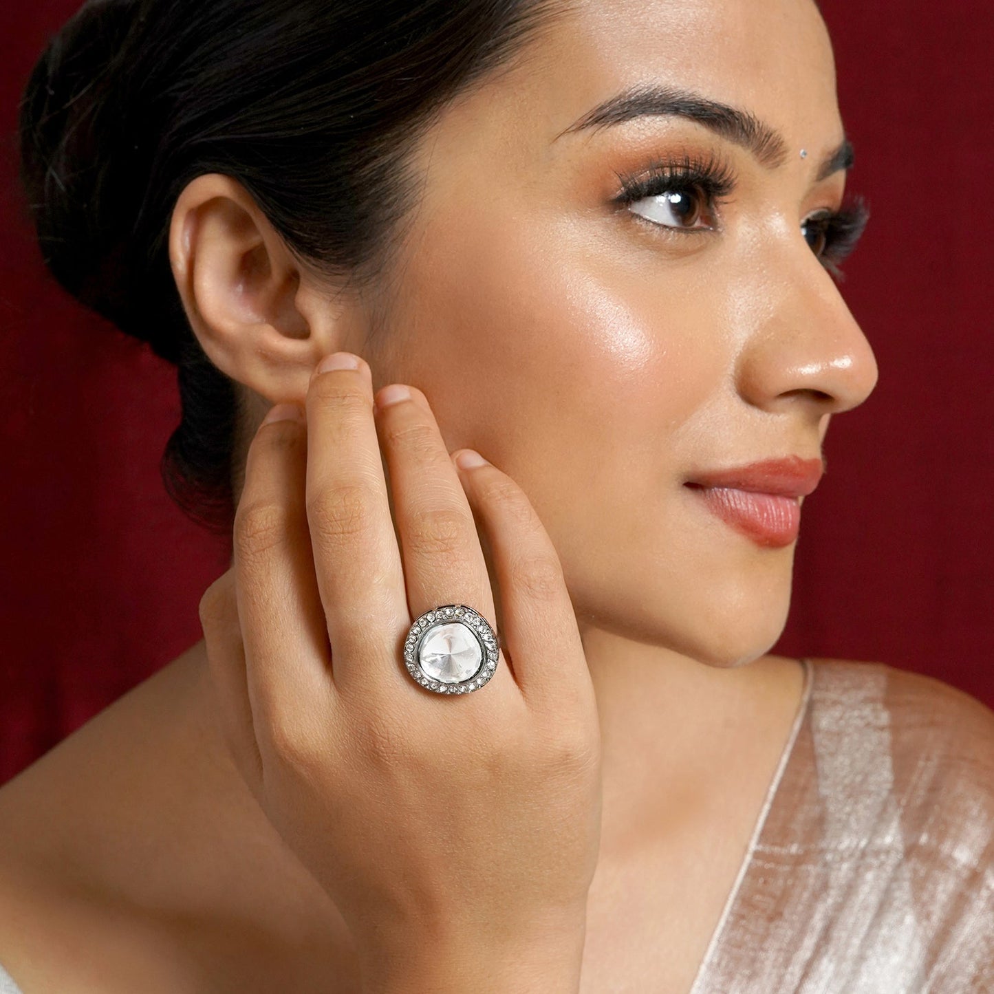 Teejh Silver Oxidised Polki Ring