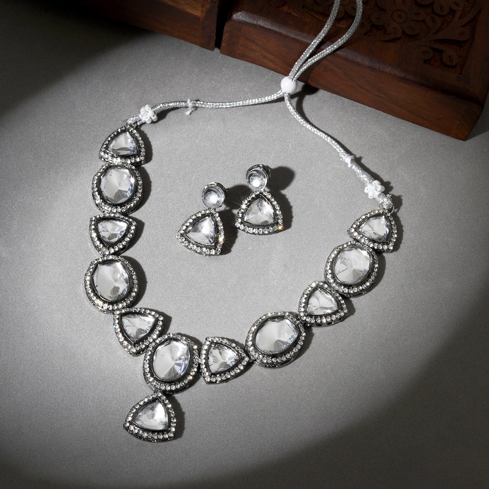 Teejh Seerat Silver Oxidised Uncut Stone Necklace Set
