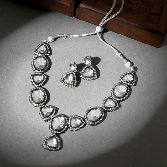 Teejh Seerat Silver Oxidised Uncut Stone Necklace Set