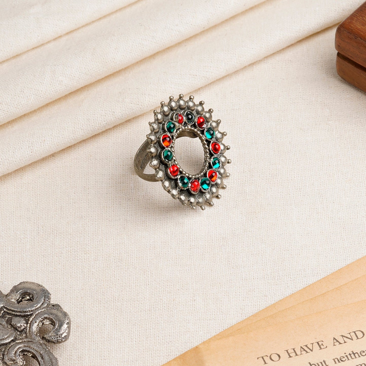 Nila Silver Oxidised Red and Green Stone Ring