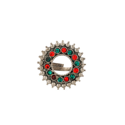 Nila Silver Oxidised Red and Green Stone Ring