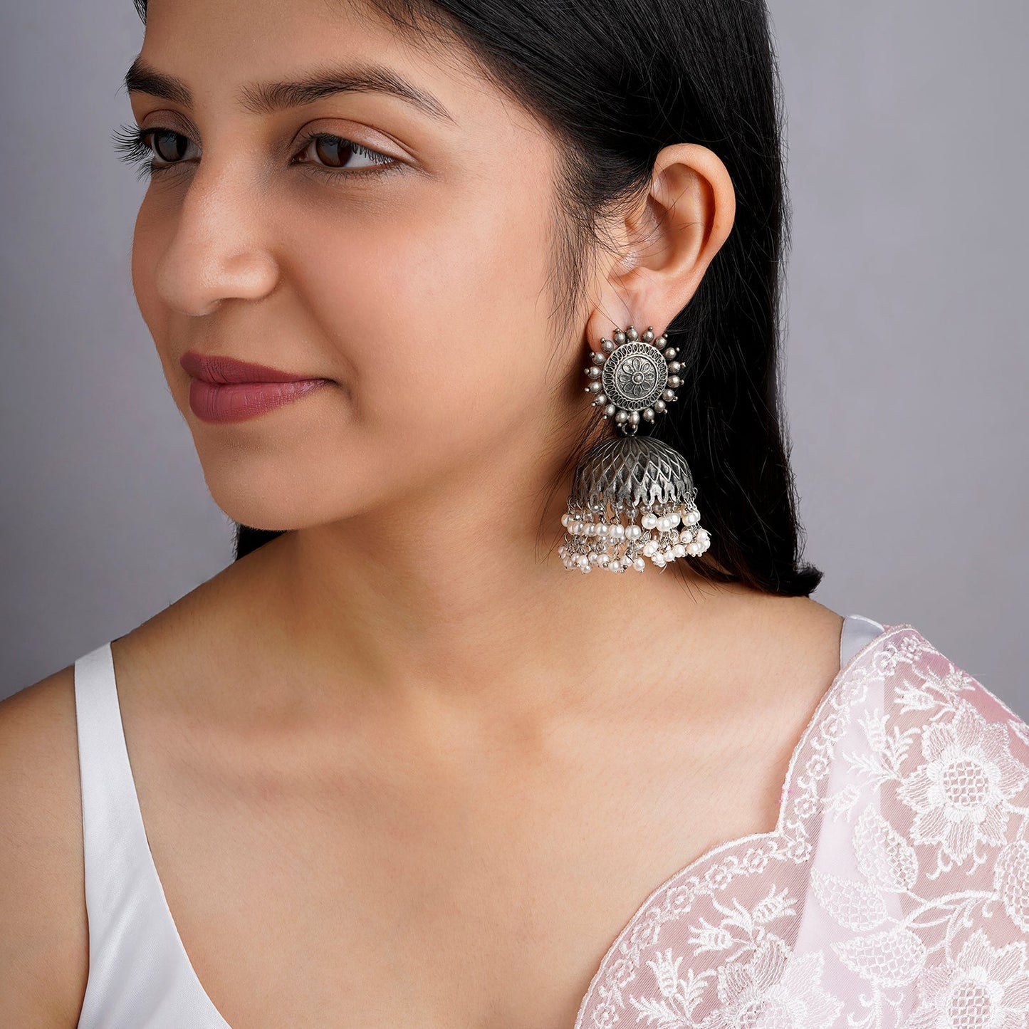 Vedha Silver Oxidised Pearl Earring