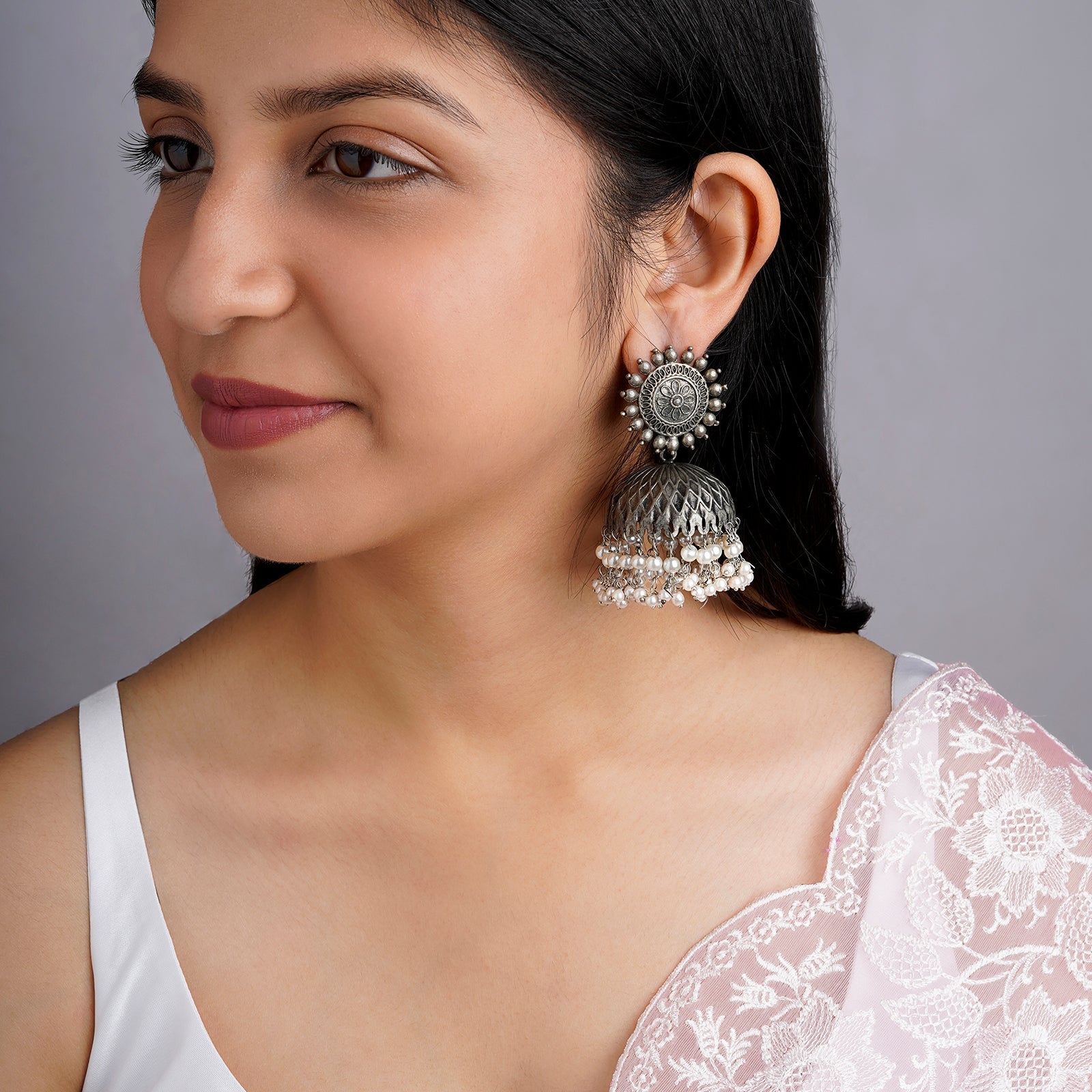 Vedha Silver Oxidised Pearl Earring