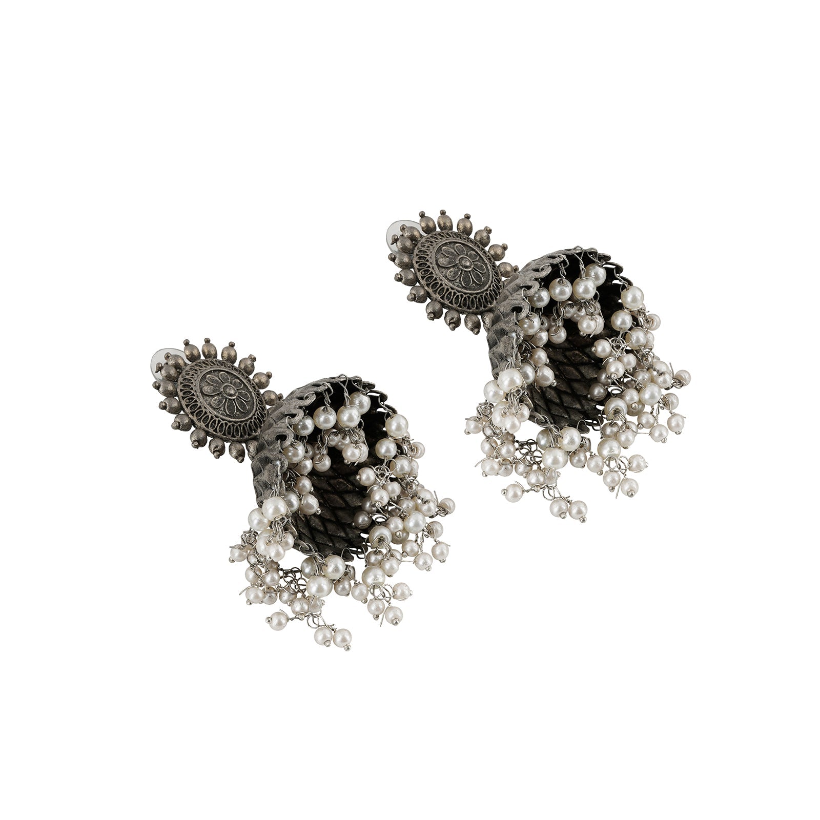 Vedha Silver Oxidised Pearl Earring