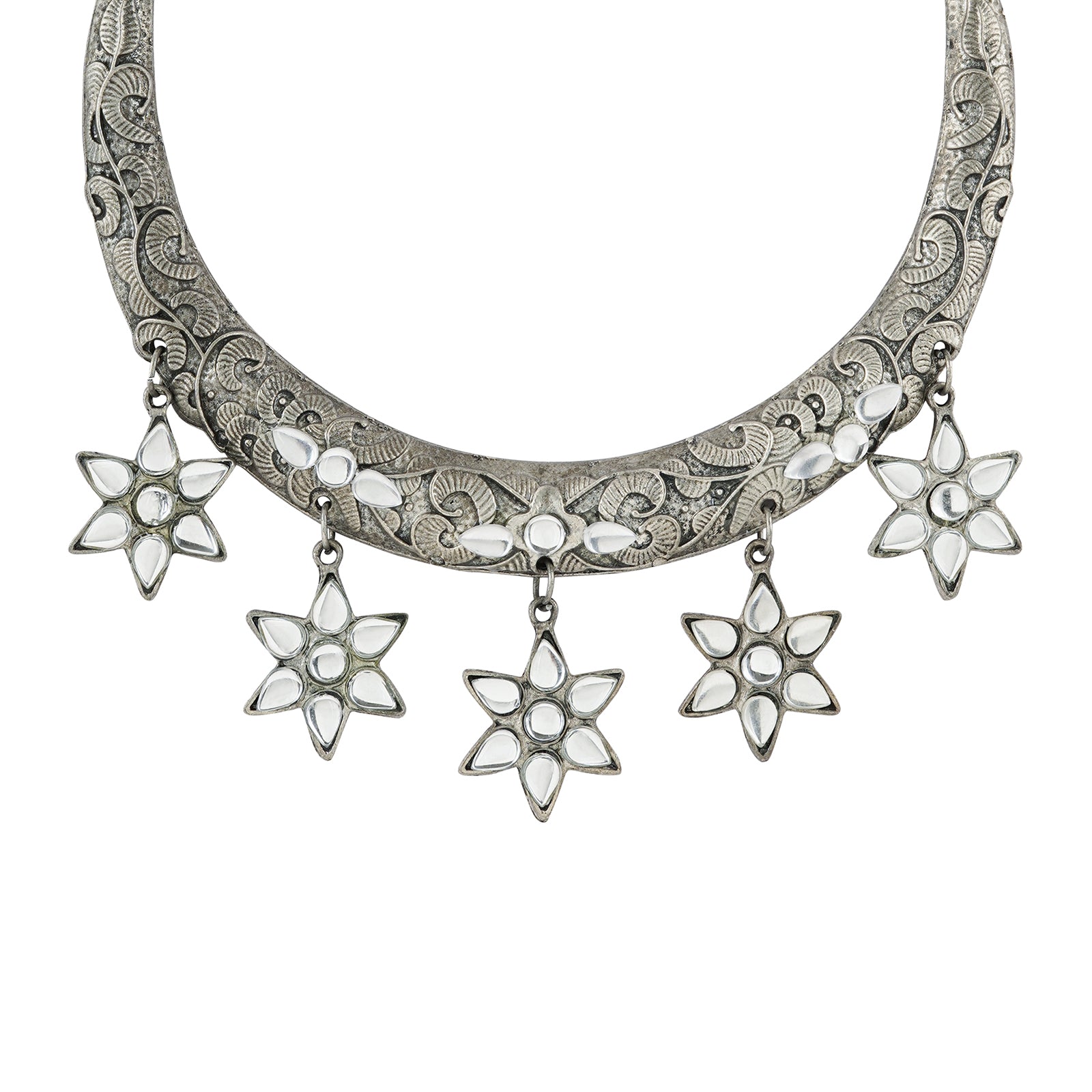 Dravya Silver Oxidised White stone  Necklace Set