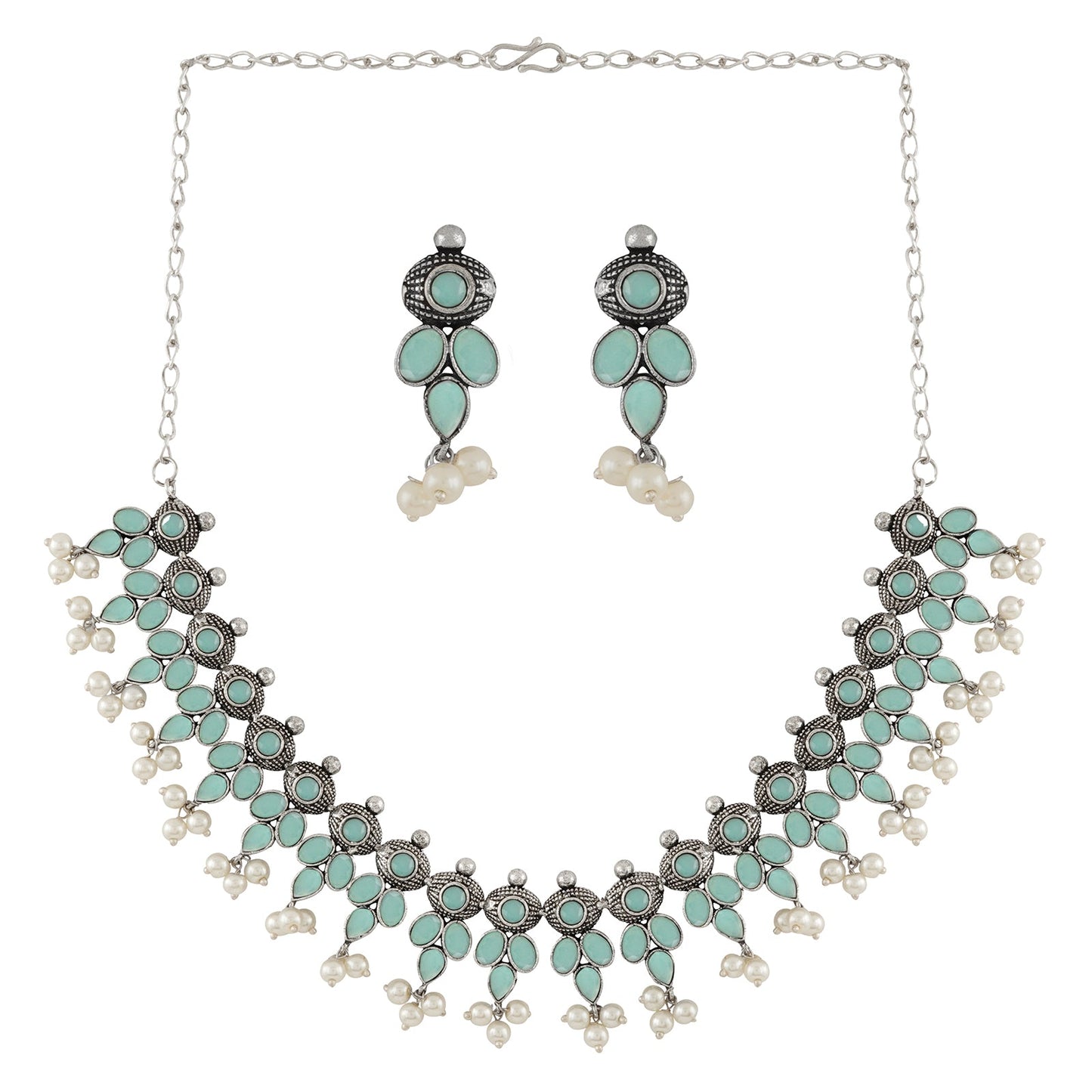 Nishan Silver Oxidised Turquoise Stone and Pearl Necklace Set