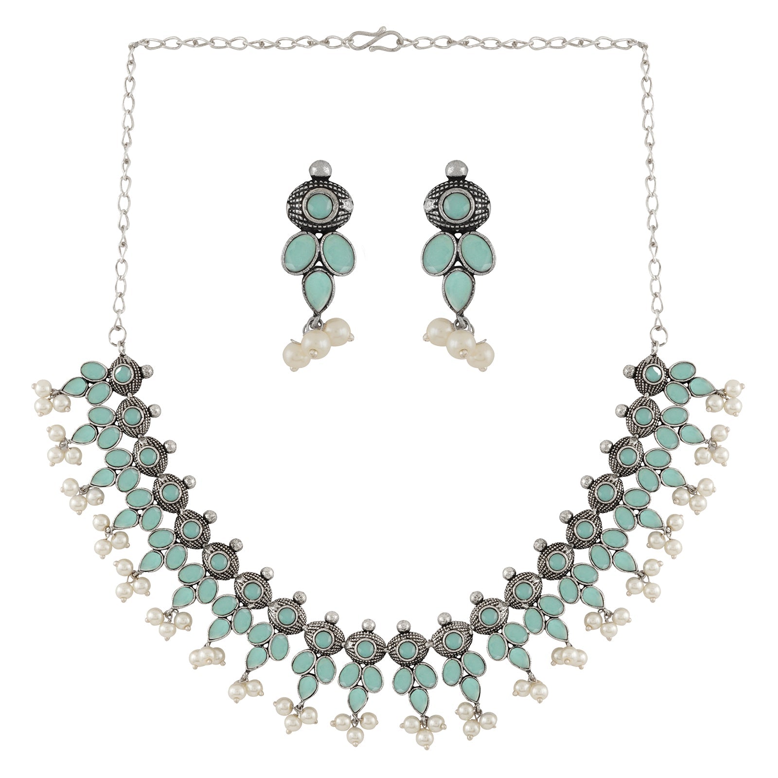 Nishan Silver Oxidised Turquoise Stone and Pearl Necklace Set