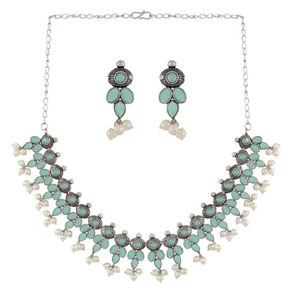 Nishan Silver Oxidised Turquoise Stone and Pearl Necklace Set