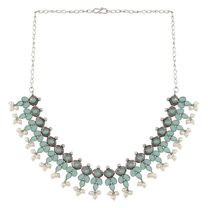 Nishan Silver Oxidised Turquoise Stone and Pearl Necklace Set