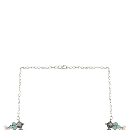 Nishan Silver Oxidised Turquoise Stone and Pearl Necklace Set